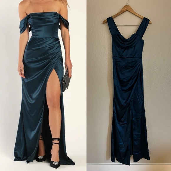 Stunning Arrival Dark Teal Satin Off-The-Shoulder Maxi Dress - Picture 1 of 6